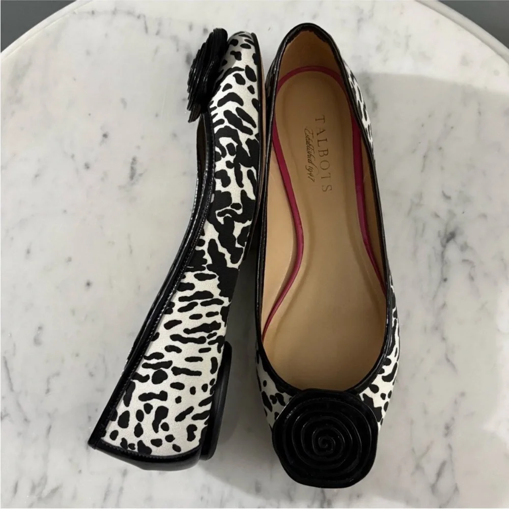 Talbots Rosette Ballet Flats 7.5B Animal Print Black White Made in Brazil
